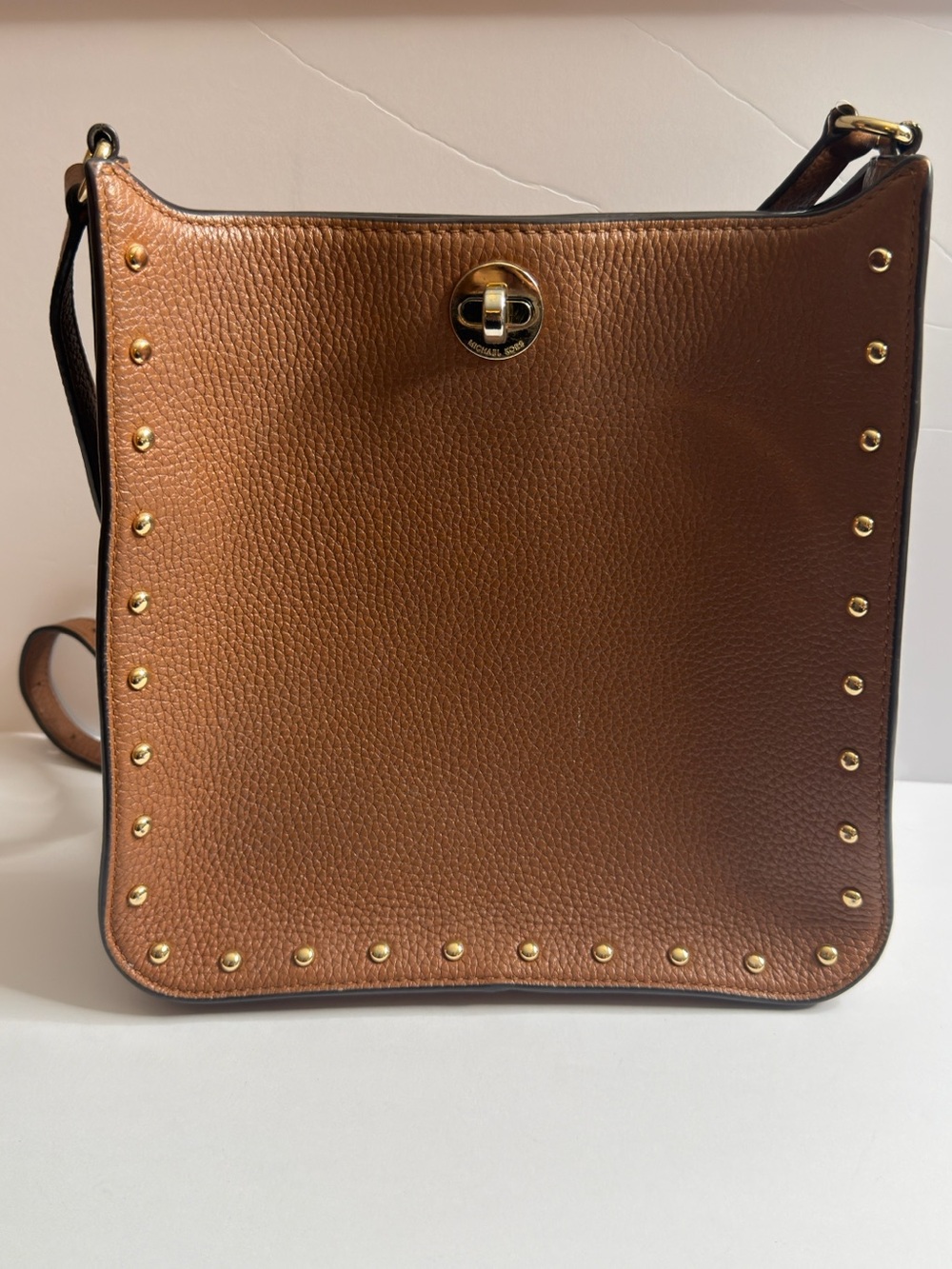 Michael Kors Pebbled Brown Crossbody with Gold Stud Accents